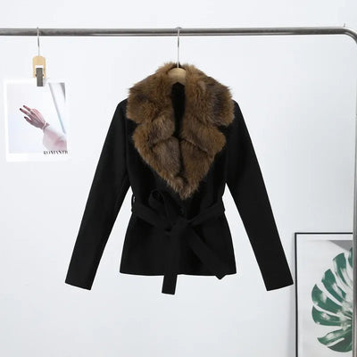 Casual Patchwork Faux Fur Collar Women's Coat Lace Up Pockets Thicken Lady Coats 2026 Autumn Winter Female Street Outerwear