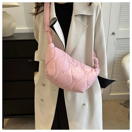 Puffer Shoulder Bag for Women Soft Down Cotton Padded Tote Handbag Purse Quilted Cross Body Bag Solid Color Bubbles Cloud Bag PlatiNum