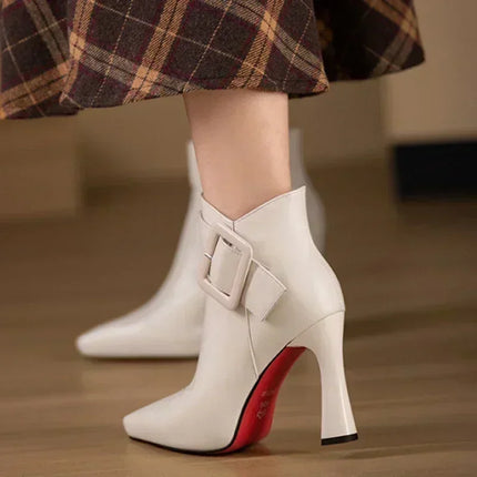 Women's Elegant High Heels Ankle Boots 2025 Spring Belt Buckle Pu Leather Short Boots Woman Plus Size 43 Thin Heeled Party Shoes