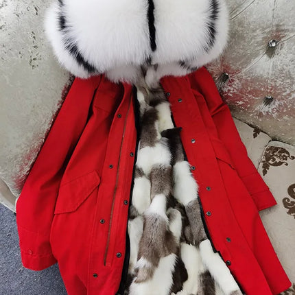 Winter Long Jacket Real Fur Coat Women Clothes Large Silver Fox Fur Collar Detachable Natural Fox Lining Parkas Leather Fur
