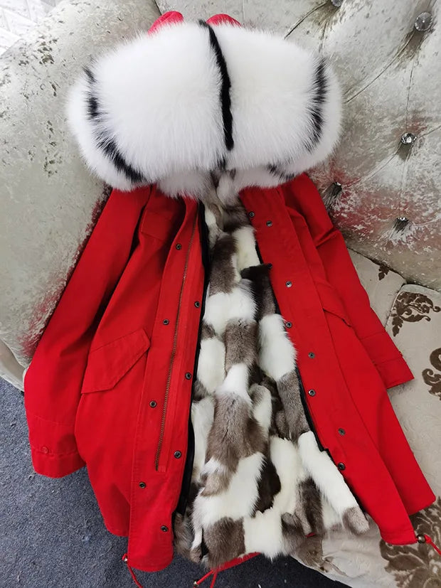 Winter Long Jacket Real Fur Coat Women Clothes Large Silver Fox Fur Collar Detachable Natural Fox Lining Parkas Leather Fur