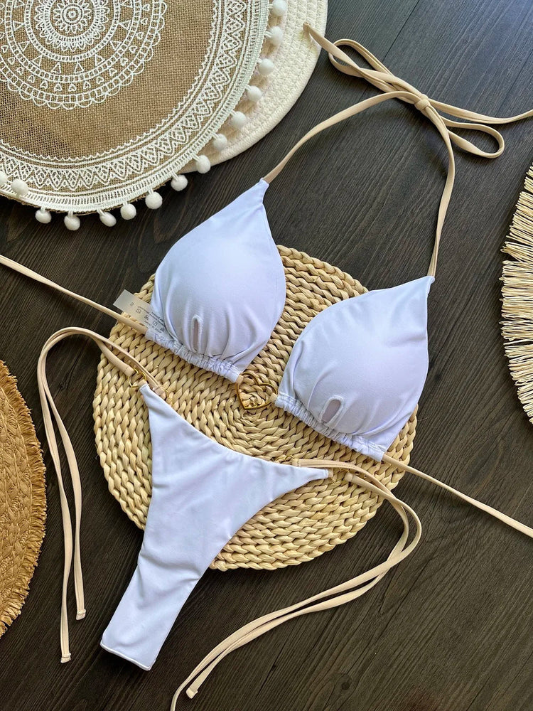 Nuovo bikini bianco a tinta unita da donna, costume da bagno alla moda con lacci a vita bassa, set due pezzi platinumshop
