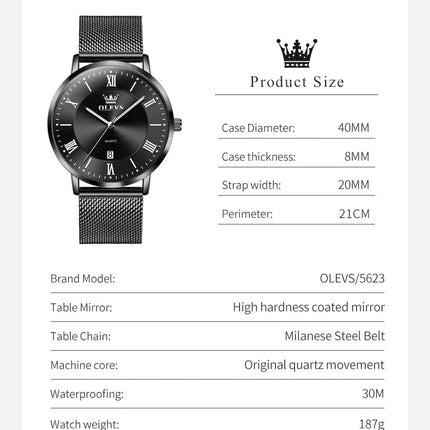 OLEVS 5623 Orologio al quarzo da uomo con quadrante minimalista con numeri romani, cinturino in maglia milanese, lancette luminose, datario, resistente all'acqua fino a 30 m platinumshop