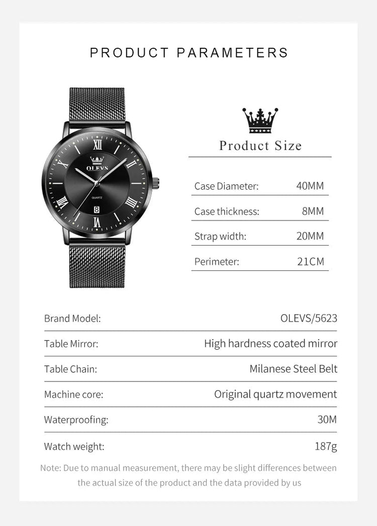 OLEVS 5623 Orologio al quarzo da uomo con quadrante minimalista con numeri romani, cinturino in maglia milanese, lancette luminose, datario, resistente all'acqua fino a 30 m platinumshop
