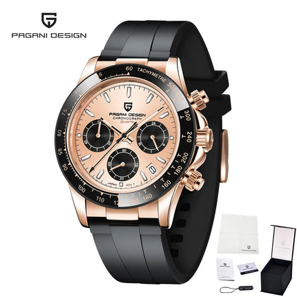 PAGANI DESIGN Cronografo da uomo Orologio da polso al quarzo di lusso in oro rosa 40mm Quadrante blu ghiaccio Vetro zaffiro 100M Impermeabile Cinturino in caucciù Orologio sportivo da uomo per uomo Reloj Hombre+GIFT BOX
