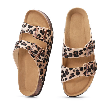Eyriphy New Women Open Toe Leopard Slides With Adjustable Buckle Classic Flat Sandals Casual Cork Footbed Women's Slippers