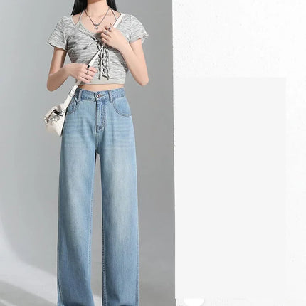Jeans da donna in seta ghiaccio, nuovi, estivi 2026, in denim sottile e morbido, a gamba dritta e larga, modello baggy, versatili, blu ﻿