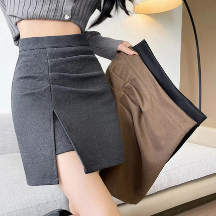 2025 Autumn Side Split Woolen Mini Skirts Women High Waist Slimming Short Skirt Korean Streetwear Sexy Spicy A-Line Skirts Mujer PlatiNum