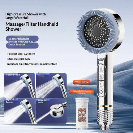 Soffione doccia autopulente a 4 modalità con spazzola in silicone, arresto acqua con un tasto, massaggio ad alta pressione, soffione in ABS con filtro