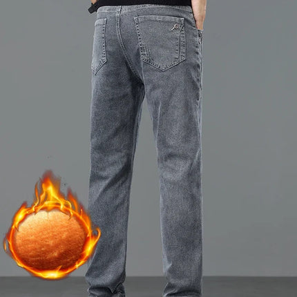 Thick Warm Slim Fleece Jeans Men's Winter New Business Stretch Velvet  Trousers Korean Gray Plush Denim Pants Male