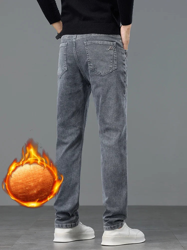 Thick Warm Slim Fleece Jeans Men's Winter New Business Stretch Velvet  Trousers Korean Gray Plush Denim Pants Male