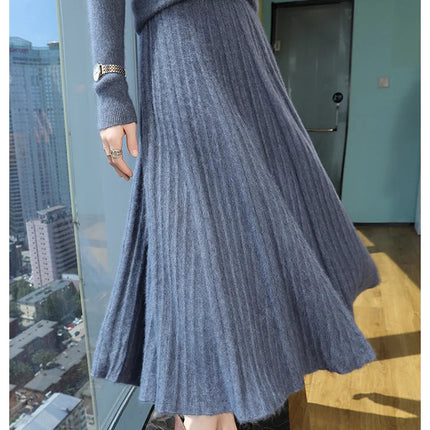 100% Pure Mink Pleated Skirts Women's Elastic High Waist Knitted Dress Fashion Joker Loose Big Swing Skirt Thick Umbrella Skirt PlatiNum
