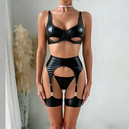 Seductive Latex Leather Women's Lingerie Sets Tempted Pu Leather Cutout Bra Thong Garter Belts 4PC Ultra Hot Sexy Erotic Costume