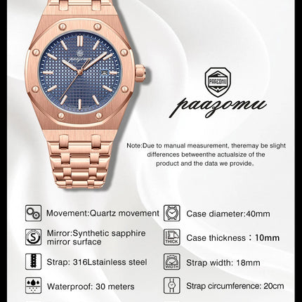 Customized Watch PAAZOMU Business Man Wristwatch Waterproof Luminous Date Men Watch Stainless Steel Quartz Watches For Men Reloj