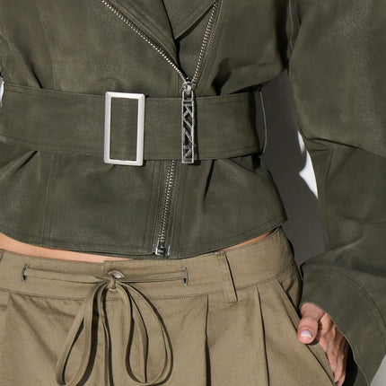 Belt Zipper Top with Waist Cinching American and European Style Streetwear Notched Lapel Thick No Hood Women Autumn Jacket