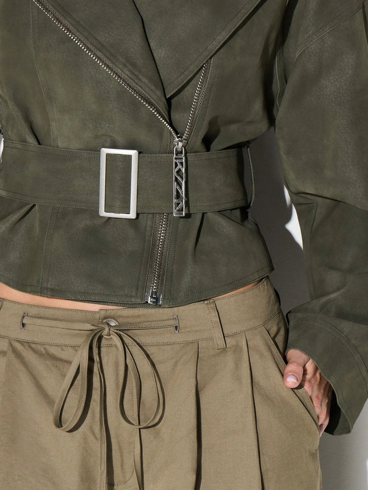 Belt Zipper Top with Waist Cinching American and European Style Streetwear Notched Lapel Thick No Hood Women Autumn Jacket