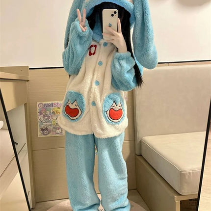 Miku Women's Winter Pajamas Set 2pcs Coral Fleece Thickened Warm Sleepwear Cute Loungewear Homewear for Comfortable Nightwear