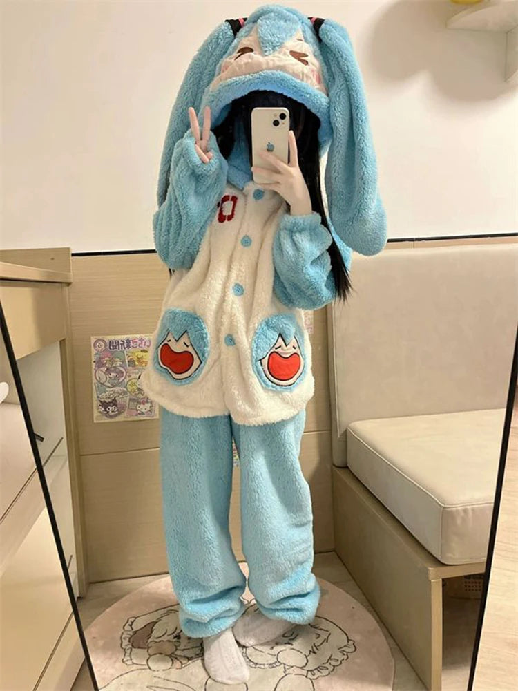 Miku Women's Winter Pajamas Set 2pcs Coral Fleece Thickened Warm Sleepwear Cute Loungewear Homewear for Comfortable Nightwear