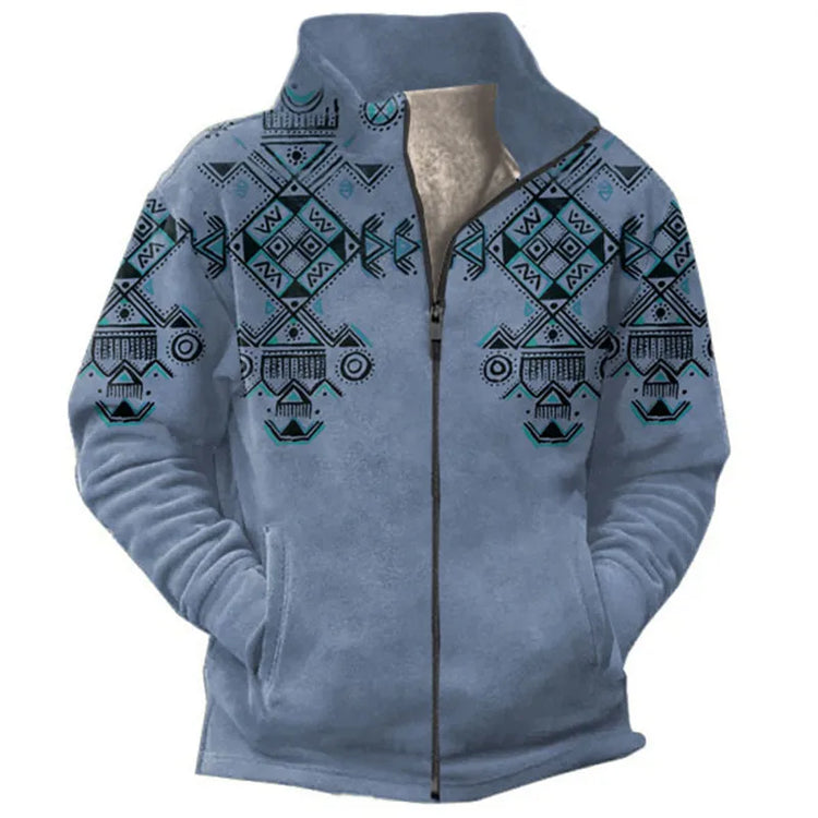 Winter Men's Long Sleeved Full Zipper Wool Lined Jacket, Warm in Winter, Thick and Fashionable, Home Wear, Plush Ethnic Pattern