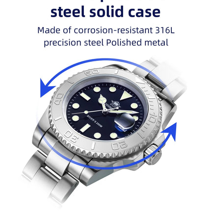 ADDIESDIVE Men's Quartz Watch 200m Waterproof Ceramic Bezel Steel Watch Magnifying Mirror Glass BGW9 Blue Luminous Diving Watch