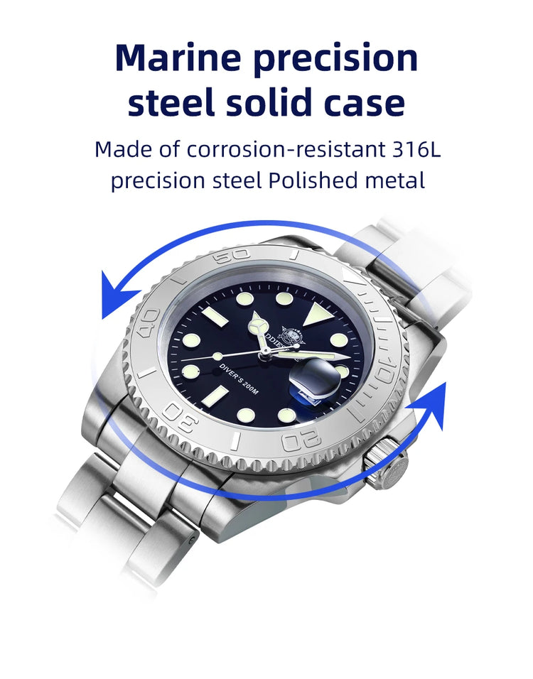 ADDIESDIVE Men's Quartz Watch 200m Waterproof Ceramic Bezel Steel Watch Magnifying Mirror Glass BGW9 Blue Luminous Diving Watch