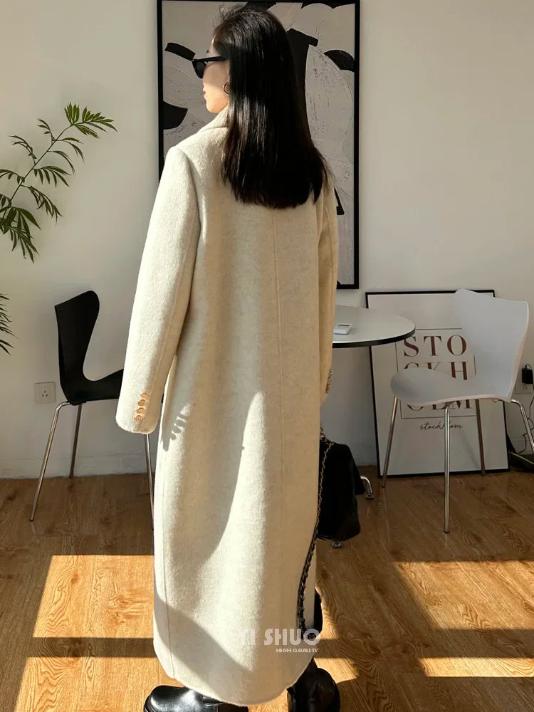 High-end Thick Double-sided Wool Coat Female Fashion Long  Autumn Winter Lapel Double Breasted Wool Coat Women Loose Outerwear