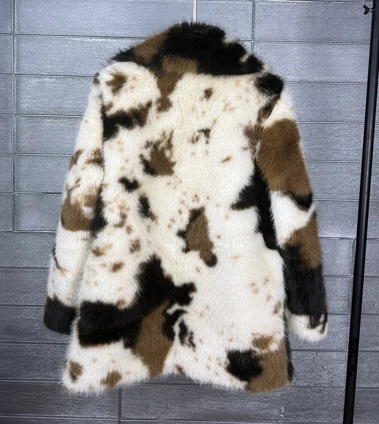 ZADORIN 2026 Chic Mid Long Cow Pattern Fluffy Faux Fur Coat Woman Lapel Loose Winter Fur Coats Woman Furry Jacket Fur Faux Coat