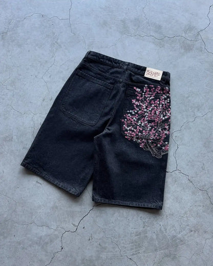 Abito casual retrò vita bassa hip hop fiori di ciliegio jeans ricamati pantaloni a gamba larga y2k abbigliamento jeans larghi ricamati da uomo