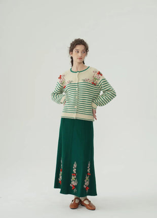 62-96cm Waist Fall Winter Long Skirts Women Elegant Handmade Embriodery Crochet Red Fruit Cashmere Wool Knitted Emerald Skirts PlatiNum