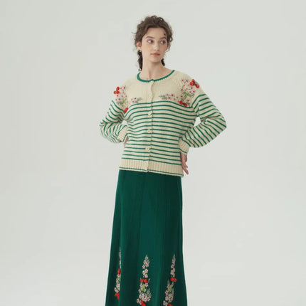 62-96cm Waist Fall Winter Long Skirts Women Elegant Handmade Embriodery Crochet Red Fruit Cashmere Wool Knitted Emerald Skirts PlatiNum