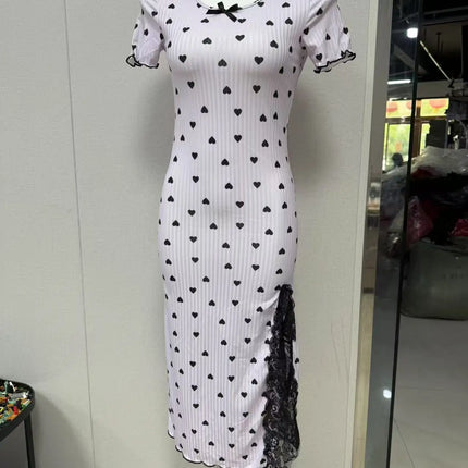 Camicia da notte sexy in maglia a costine per donna Abito da notte midi aderente con stampa a cuore con pigiama a maniche corte con spacco alto in pizzo Nuovo caldo
