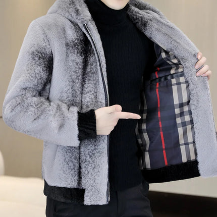 Autumn Winter Faux Fur Hooded Jacket Men Fashion Social Faux Mink Fur Casual Business Jacket Thick Warm Outdoor Windproof Coat