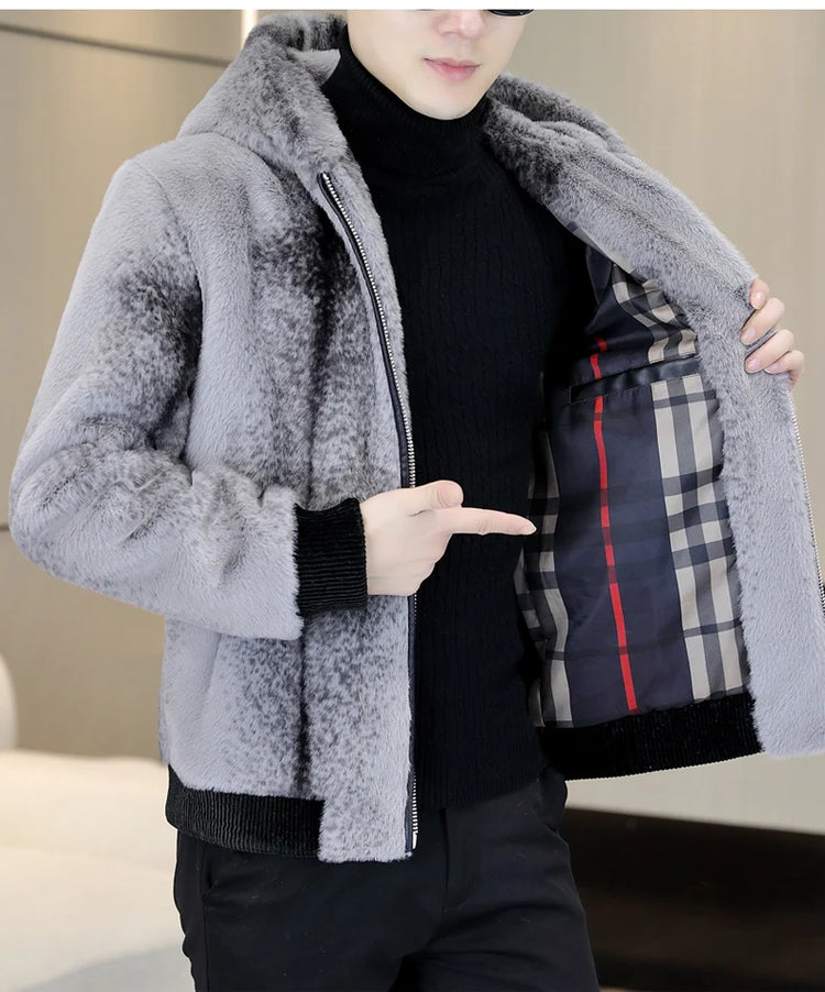 Autumn Winter Faux Fur Hooded Jacket Men Fashion Social Faux Mink Fur Casual Business Jacket Thick Warm Outdoor Windproof Coat
