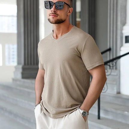 2025 New Men's Casual Short Sleeved Bone Flower Solid Color O-neck T-shirt Fashion Breathable Comfortable Summer Versatile Top PlatiNum