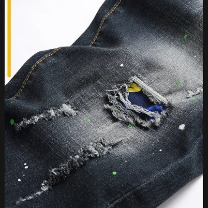 Fashion New Slim Stretch Ripped Jeans Men's Streetwear Paint Spots Denim Pants Hip Hop Punk Personality Hole Male Trousers PlatiNum