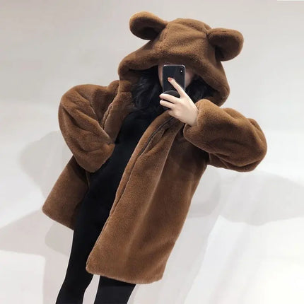 Cosy Loose Faux Fur Coat Womens Faux Fur Fuzzy Hooded Fluffy Ears Surcoat Overcoat Woman Winter Warm Outerwear Snowy Day Wrap