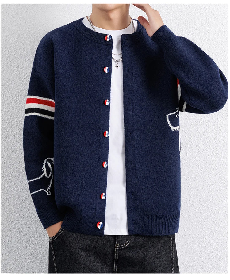 Designer Brand Long Sleeve Knitted Cardigan Men's New Trend Color Blocked Button Design Couple's Casual Warm Round Neck Coat