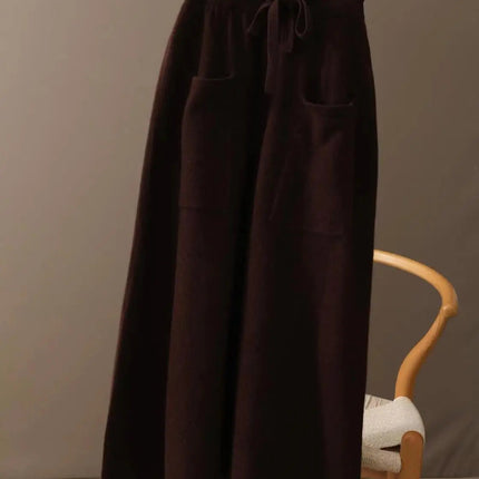 Autumn And Winter100% Pure Wool Skirt Women's Long Pocket Small A Skirt High Waist Slim Cashmere Knit A-Line Skirt PlatiNum