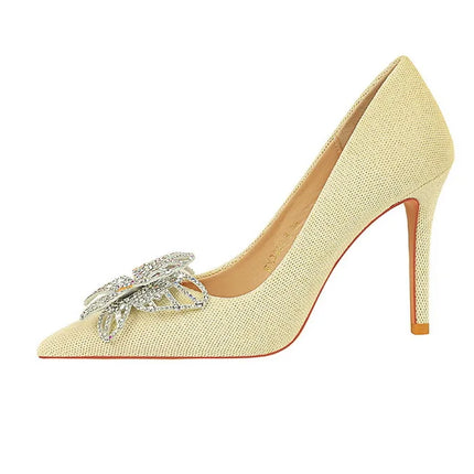 BIGTREE Scarpe Designer Nuove donne Décolleté Strass Farfalla Nodo Punta a punta Flock 10CM Tacchi sottili Scarpe da donna mature super alte