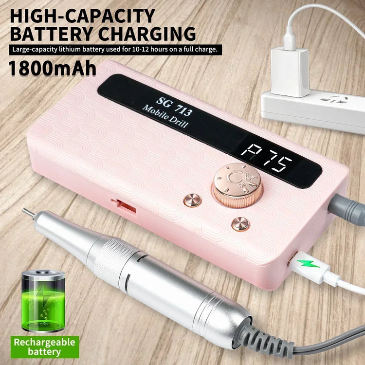 Electric Nail Drill - 45000RPM Portable Nail Drill-Rechargeable Nail E-File Kit With 6 Bits & Base-LED Screen-Ultra-Silent