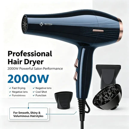 WETECH 2000W Professional Hair Dryer Negative Ion Blow Dryer Cool Shot Function With Concentrator Nozzle Diffuser Salon Home Travel Hair Styling Tool Adjustable Heat Speed 100-240V Universal Voltage