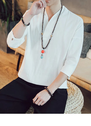 Kimono estivo stile giapponese manica corta uomo nuovo cotone a mezza manica lino traspirante abbigliamento uomo t-shirt giapponese Yukata top