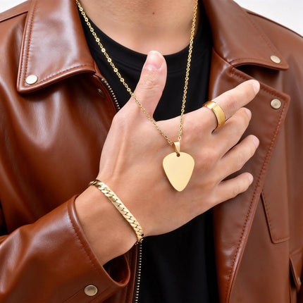 Set di 3 Pezzi: Collana con Ciondolo a Forma di Plettro per Uomo, Bracciale con Catena Cubana Piatta Stile Rock Punk, Set di Gioielli Classici da Uomo, Idea Regalo platinumshop
