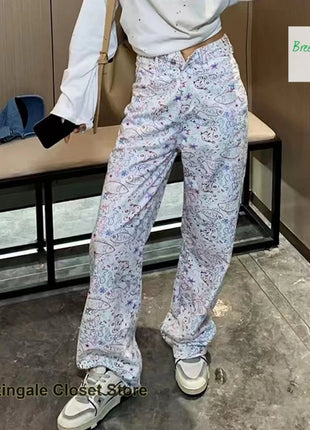 American ins graffiti jeans a fiori stampati completi da donna primavera ed estate nuovo design alla moda pantaloni larghi a vita alta