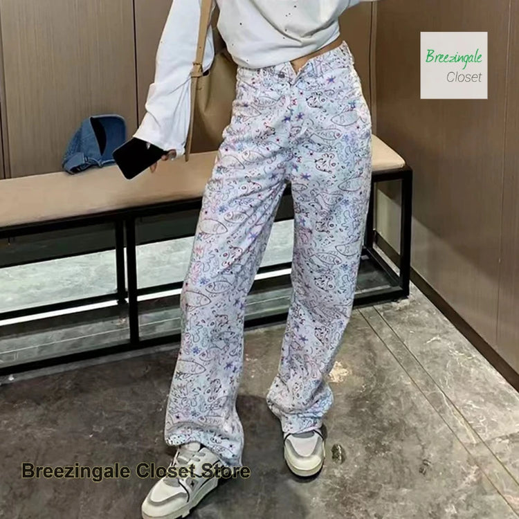 American ins graffiti jeans a fiori stampati completi da donna primavera ed estate nuovo design alla moda pantaloni larghi a vita alta