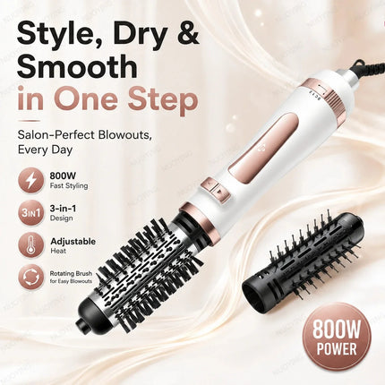 New 3‑in‑1 Rotating Hot Air Brush, 800W Professional Hair Dryer Brush with 2 Curling Rollers, Adjustable Temperature & Speed Bi‑Directional Rotation Hair Styling Tool