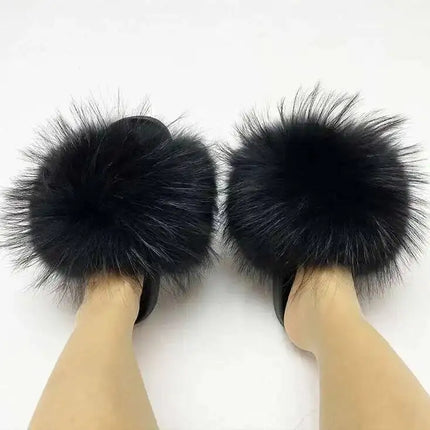 Real Raccoon Fur Slippers for Women 2023 Summer Fluffy Indoor Home Fuzzy Flat Slides Outdoor Fashion Beach Sandals Flip Flops