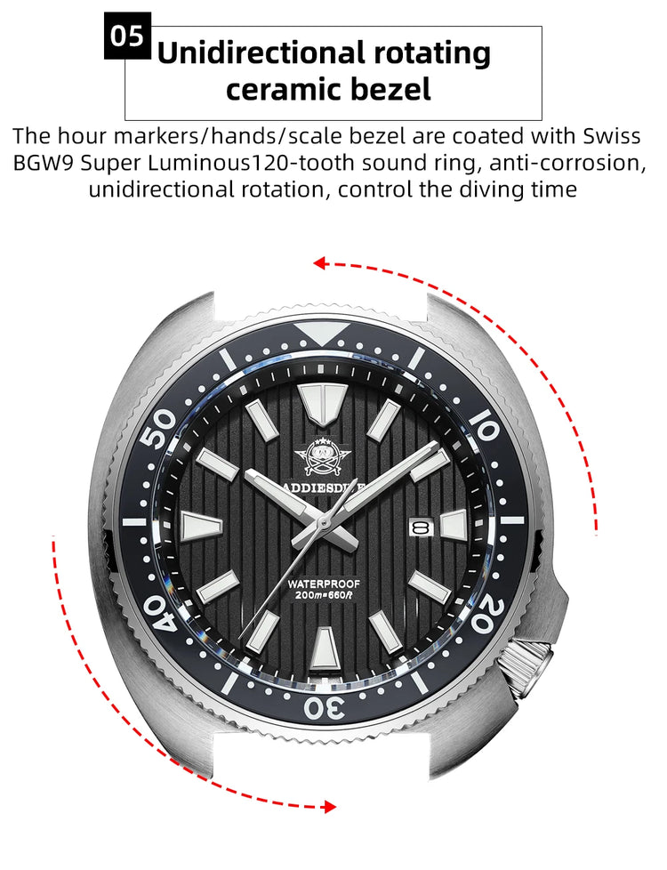 ADDIESDIVE New 200M Waterproof Quartz Watch Sapphire Crystal BGW9 Luminous Ceramic Bezel Stainless Steel Diving Watch AD2507