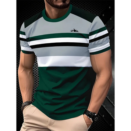 Men's Simple Fashion Striped Graphic T-shirt Summer Fashion Short Sleeve 3D Printed T-shirt Casual Oversized Crew Neck T-shirt