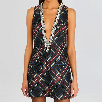 Women's Summer Dress with Deep V-Neck, Sexy Mini Party Dress, Elegant Sleeveless Patchwork Dress for Holidays